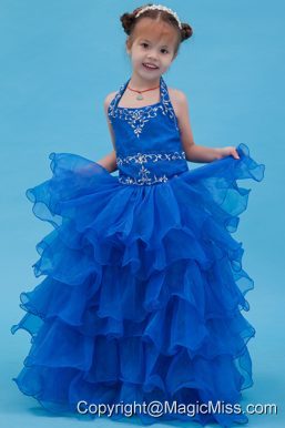Blue Ball Gown Halter Floor-length Organza Appliques Flower Girl Dress