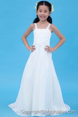 White A-line Straps Brush Train Chiffon Embroidery Flower Girl Dress