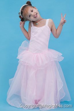 Baby Pink A-line Straps Floor-length Organza Flower Girl Dress