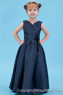 Navy Blue A-line V-neck Floor-length Taffeta Flower Girl Dress