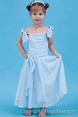 Baby Blue A-line Straps Ankle-length Chiffon Ruch Flower Girl Dress
