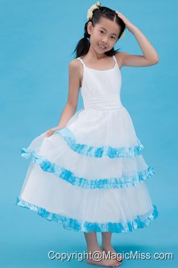 White A-line Straps Ankle-length Organza Ruch Flower Girl Dress
