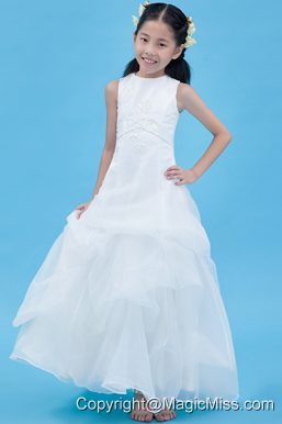 White A-line Scoop Ankle-length Organza Appliques Flower Girl Dress