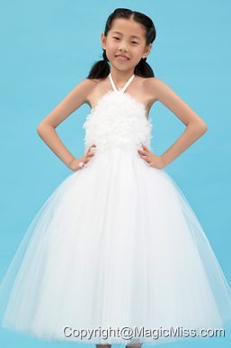 White A-line Halter Ankle-length Tulle Appliques Flower Girl Dress