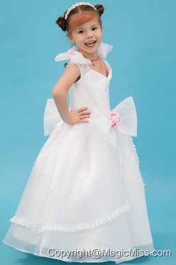 White A-line Square Floor-length Organza Hand Made Flowers Flower Girl Dress