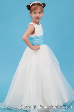 White A-line Scoop Floor-length Organza Belt Flower Girl Dress