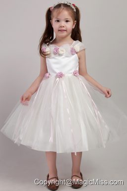 White A-line Square Tea-length Tulle Handle Made Flowers Little Girl Dress