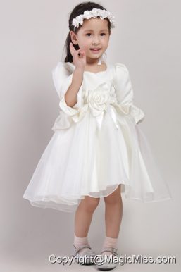 White A-line Square Knee-length Organza and Taffeta Embroidery and Handle Made Flowers Little Girl Dress