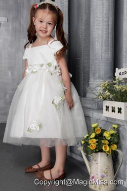 White A-line / Princess Square Tea-length Tulle Hand Made Flowers Flower Girl Dress