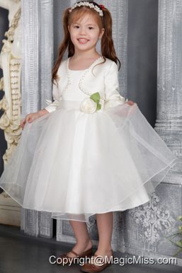 White A-line / Princess Scoop Tea-length Organza Sach Flower Girl Dress