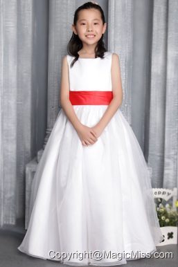 White A-line / Princess Scoop Floor-length Organza Belt Flower Girl Dress