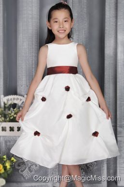 White A-line / Princess Scoop Tea-length Taffeta Belt and Appliques Flower Girl Dress