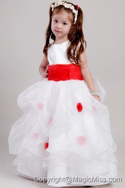 White and Red A-line Scoop Floor-length Taffeta and Organza Bow Flower Girl Dress