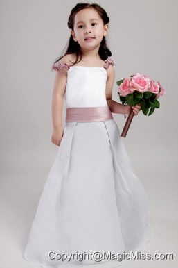 White A-line Straps Floor-length Taffeta and Organza Hand Made Flowers Flower Girl Dress