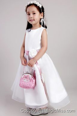 White A-line Scoop Ankle-length Organza Belt and Handle Made Flowers Little Girl Dress