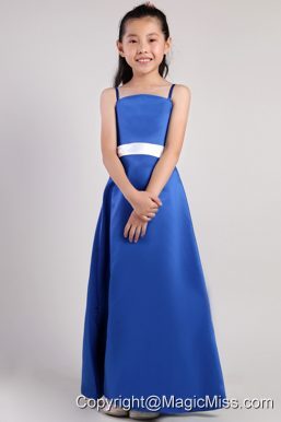 Blue A-line Straps Ankle-length Satin Belt Little Girl Dress