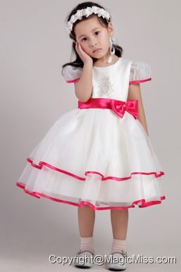 White Princess Scoop Tea-length Organza Beading and Bowknot Little Girl Dress