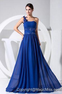 One Shoulder Beading and Hand Made Flowers Decorate Bodice Blue Chiffon Beaituful Prom Dress For 2013