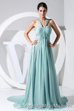 Ruch Decorate Bodice Straps Watteau Train Chiffon Light Blue 2013 Prom Dress