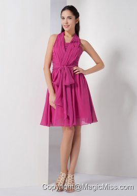 Hot Pink A-line Halter Knee-length Chiffon Ruch Prom Dress