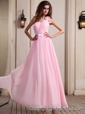 Baby Pink One Shoulder Prom Dress With Hand Made Flower Ankle-length Chiffon For Party