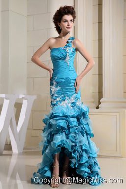 High-low Teal and Mermaid For Amazing Prom Dress With Appliques and Ruffled Layers