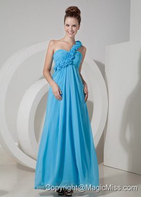 Cheap Aqua Blue Empire One Shoulder Prom / Evening Dress Chiffon Hand Made Flowers Floor-length