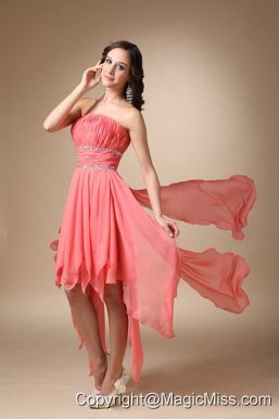 Watermelon Red A-line Strapless Asymmetrical Chiffon Beading Prom / Homecoming Dress
