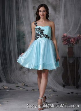 Aque Blue A-line One Shoulder Mini-length Organza Appliques Prom Dress