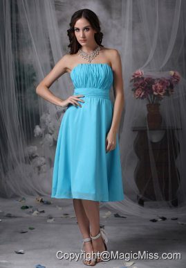 Aque Blue Empire Strapless Knee-length Chiffon Ruch Prom Dress