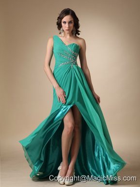 Turquoise Empire One Shoulder Brush Train Chiffon and Elastic Woven Satin Beading Prom Dress