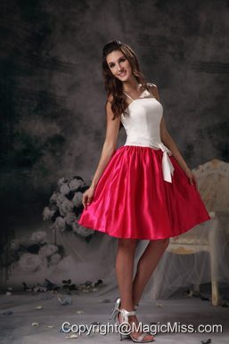 White and Red A-line Straps Mini-length Taffeta Bow Prom Dress