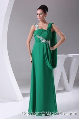 Green Appliques Ruching Empire Long Prom Dress