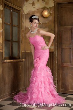 Rose Pink Mermaid Sweetheart Brush Train Organza Hand Made Flower and Ruffles Prom Dress