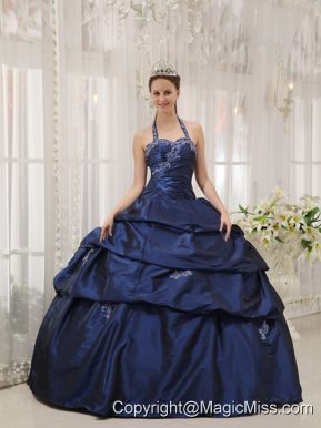 Navy Blue Ball Gown Halter Floor-length Taffeta Appliques Quinceanera Dress