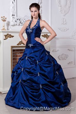 Blue A-line / Princess Halter Floor-length Taffeta Embriodery Wedding Dress