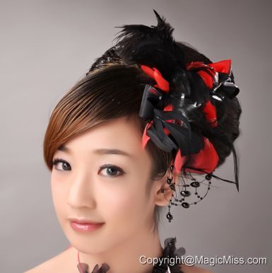 Fully Handmade Romantic Headpiece Red and Black With Feather For Party