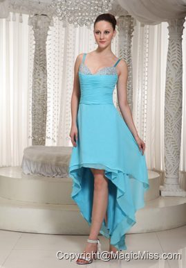 High-low Aqua Chiffon Prom Dress With Spaghetti Straps Beaded Decorate