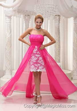 Hot Pink High-low Prom Dress For 2013 Ruched Bodice Chiffon Strapless Lace