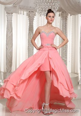 Custom Made Prom Dress With Watermelon Chiffon Beaded Decorate