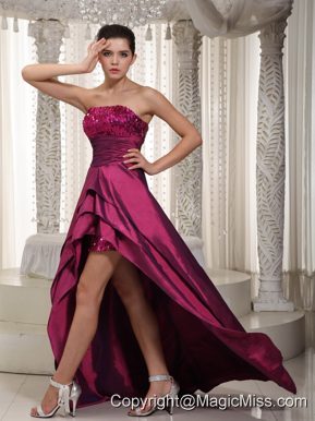 Wine Red A-line Strapless Asymmetrical Taffeta Sequins Prom Dress