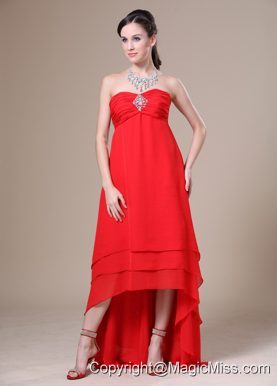 Red High-low Ruched Decorate Bust For 2013 Prom Dress With Beading