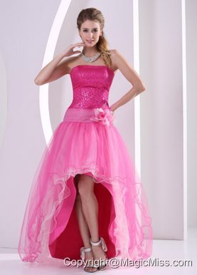 High-low Hot Pink Sequins Decorate Hand Made Flower Prom Celebrity Dress With Organza
