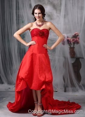 Customize Red A-line Cocktail Dress Sweetheart High-low Taffeta Hand Made Flowers