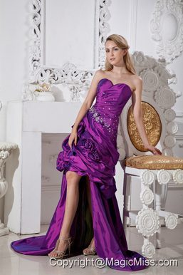 Purple Column Sweetheart High-low Taffeta Hand Made Flowers and Beading Prom Dress