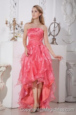 Watermelon Red A-line Strapless High-low Elastic Wove Satin and Organza Ruffles and Beading Prom / Homecoming Dress