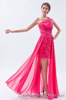 Hot Pink Column / Sheath One Shoulder Prom Dress High-low Chiffon Sequins