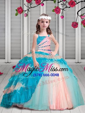 Beauteous Spaghetti Straps Sleeveless Little Girl Pageant Dress Floor Length Beading and Ruffles Multi-color Organza