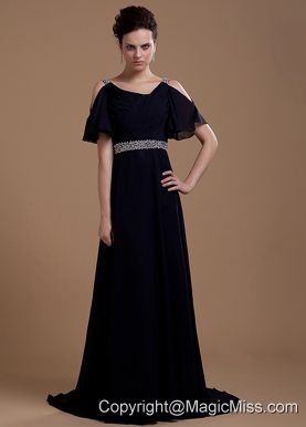 Black Mother Of The Bride Dress With V-neck Beaded Brush Train Chiffon
