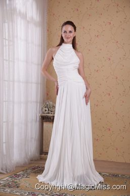 White Empire High-neck Floor-length Organza Pleat Prom Dress